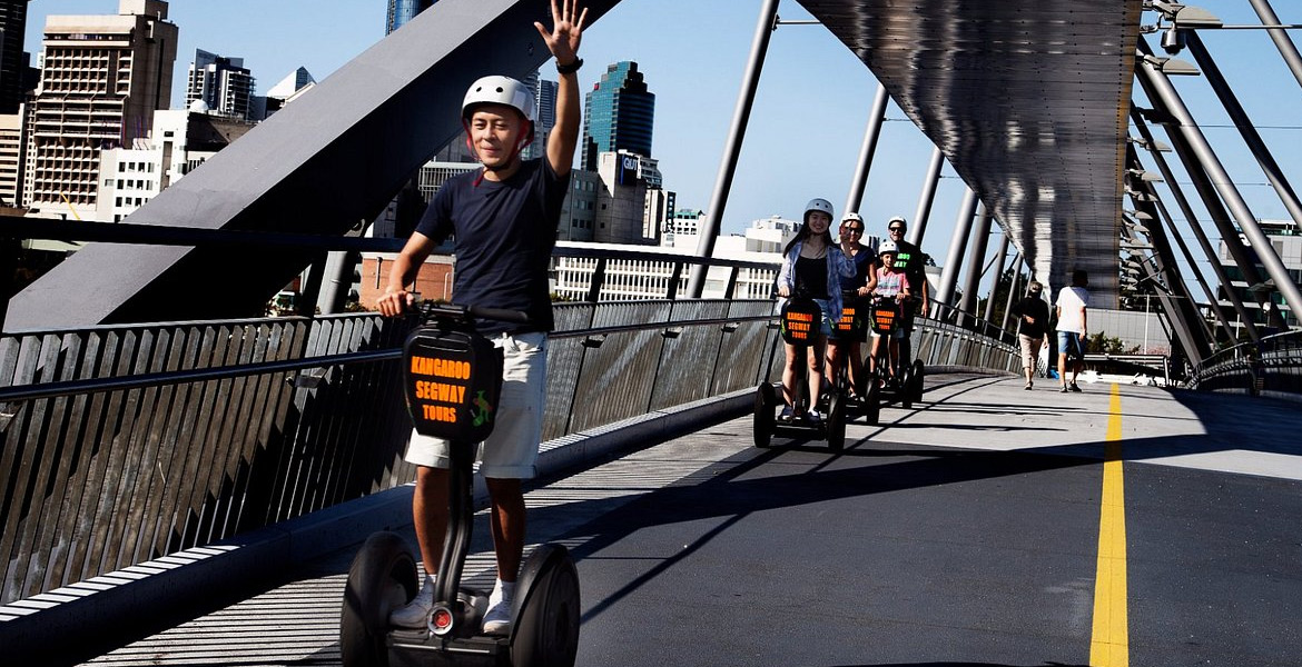 Kangaroo Segway Tours rider crossing the Goodwill Bridge over the Brisbane River